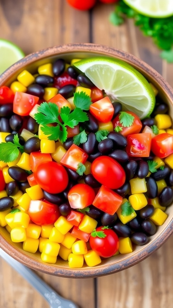 A bowl of corn and black bean salsa with corn, black beans, tomatoes, and cilantro, garnished with lime wedges.